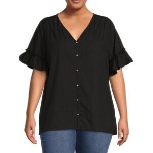 Terra & Sky V-Neck Short Ruffle Black Sleeve Button up Cotton Shirt Blouse Sz 2X